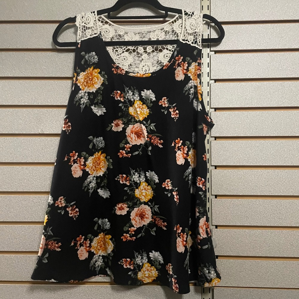 Stella Tweed Womens XL Floral Print Black Lace Tank Top Shirt
